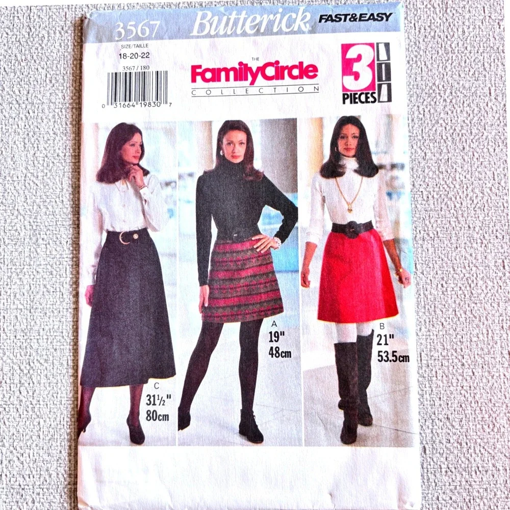 Butterick 3567 90s Minimalist A-Line Skirts 18-20-22 Preppy Dark Academia Retro